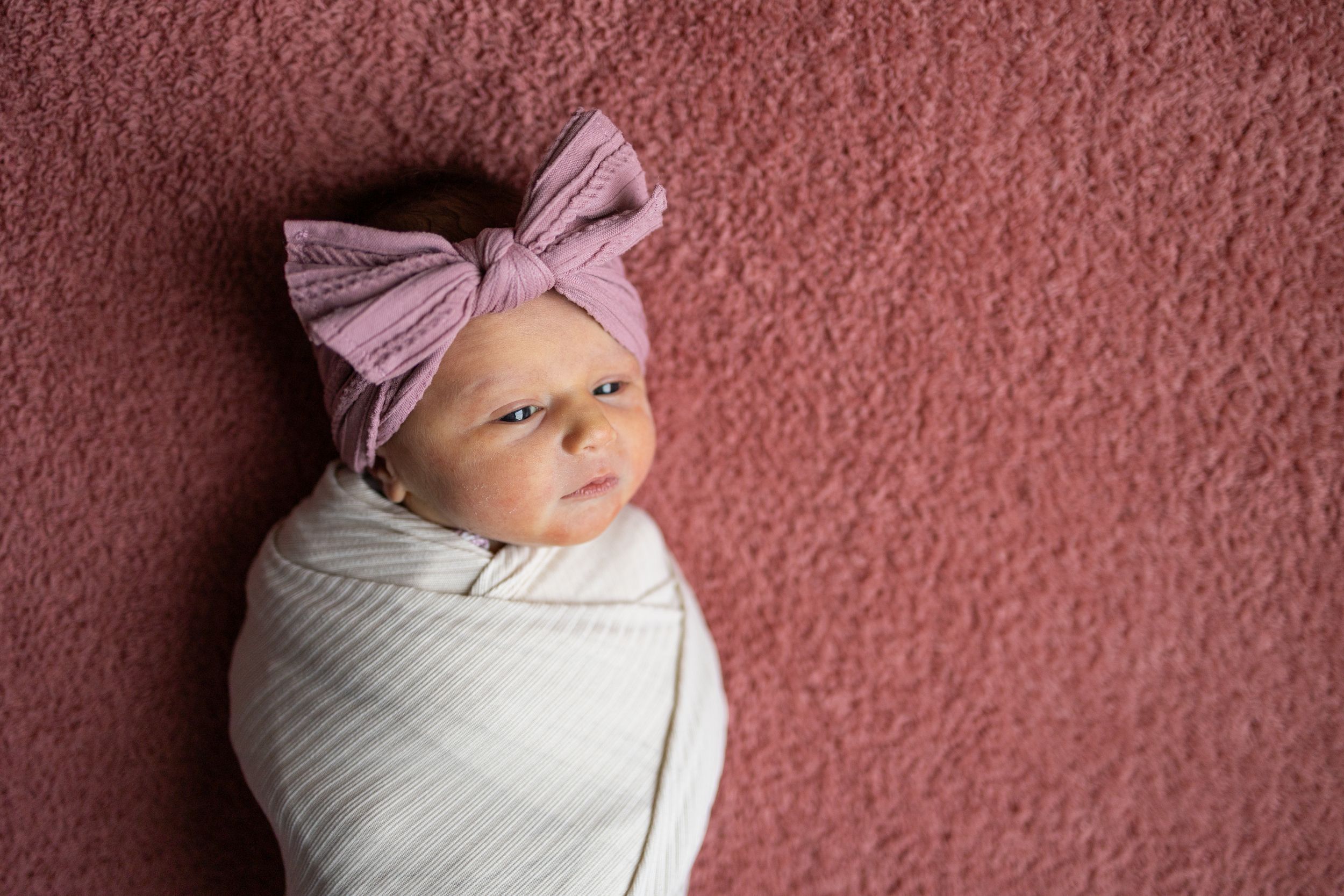 A sleeping newborn wrapped in white swaddle with pink bow headband against a mauve textured backdrop.