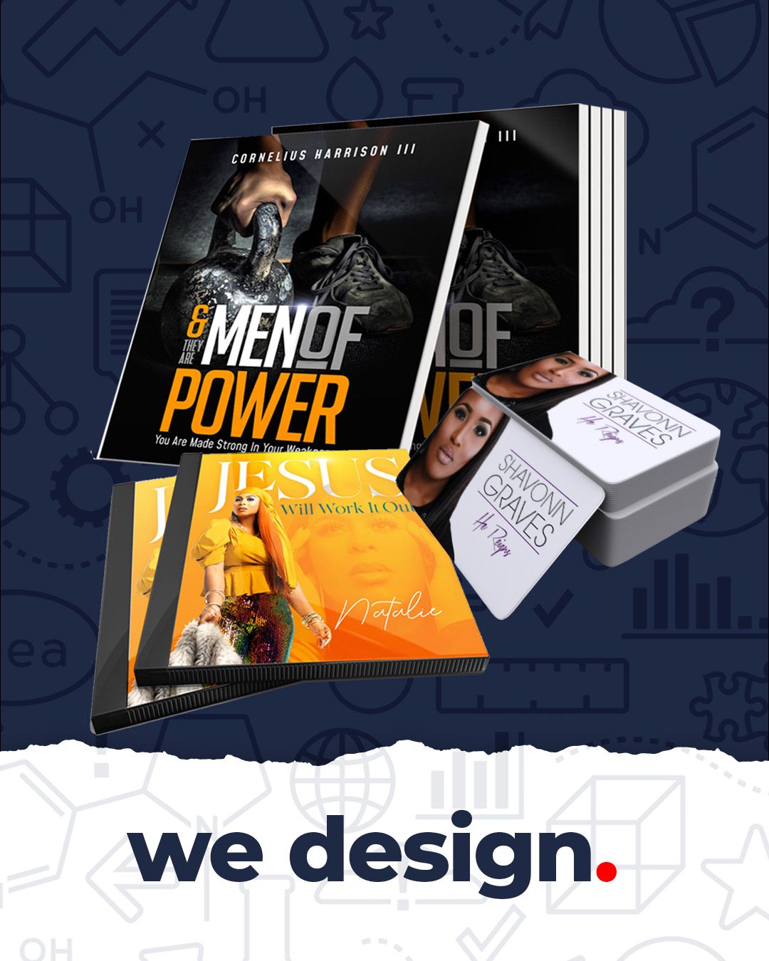 Book cover designs and marketing materials showcasing Mende of Power publication.