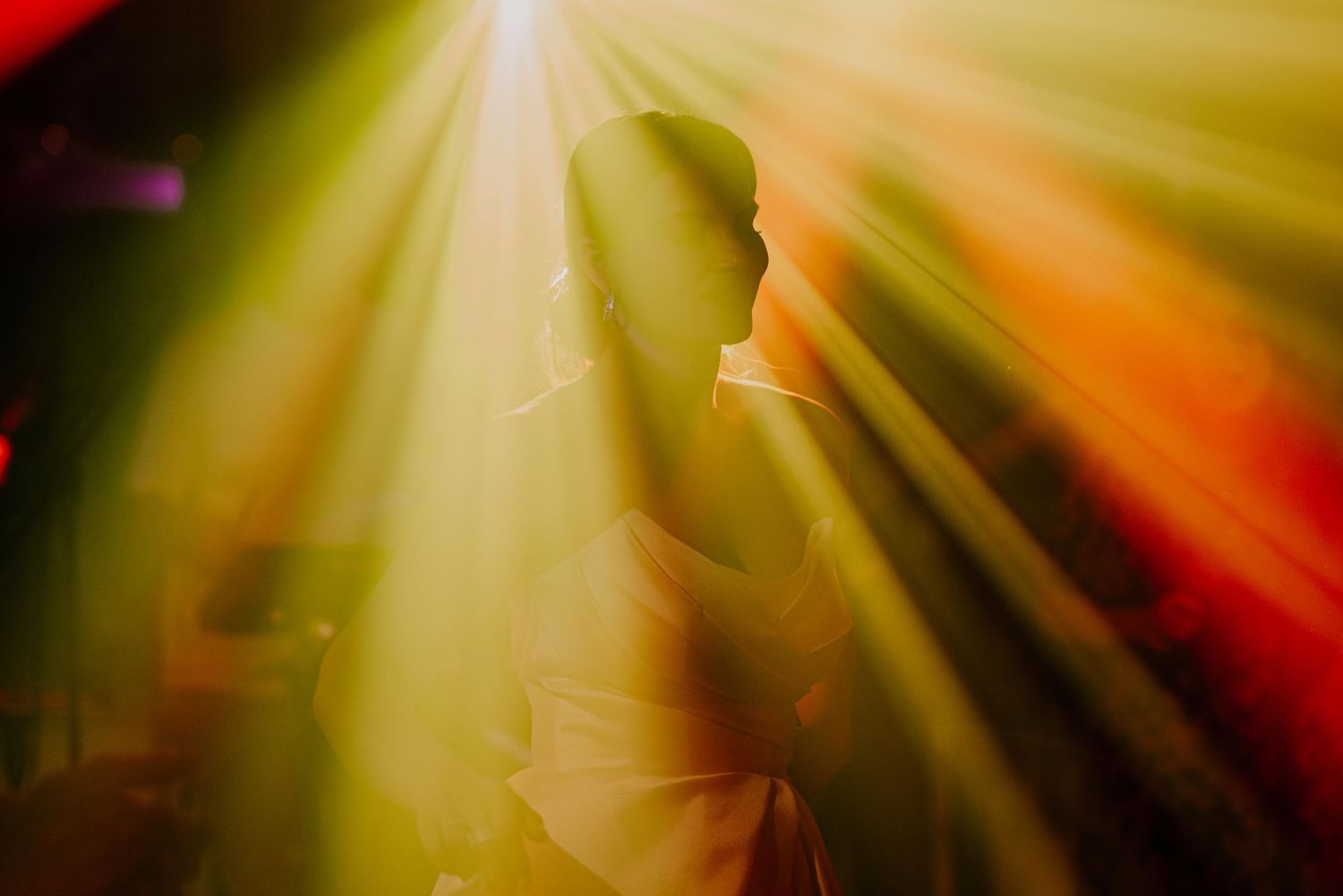 Dramatic golden sunbeams shine through atmosphere creating a magical light effect.