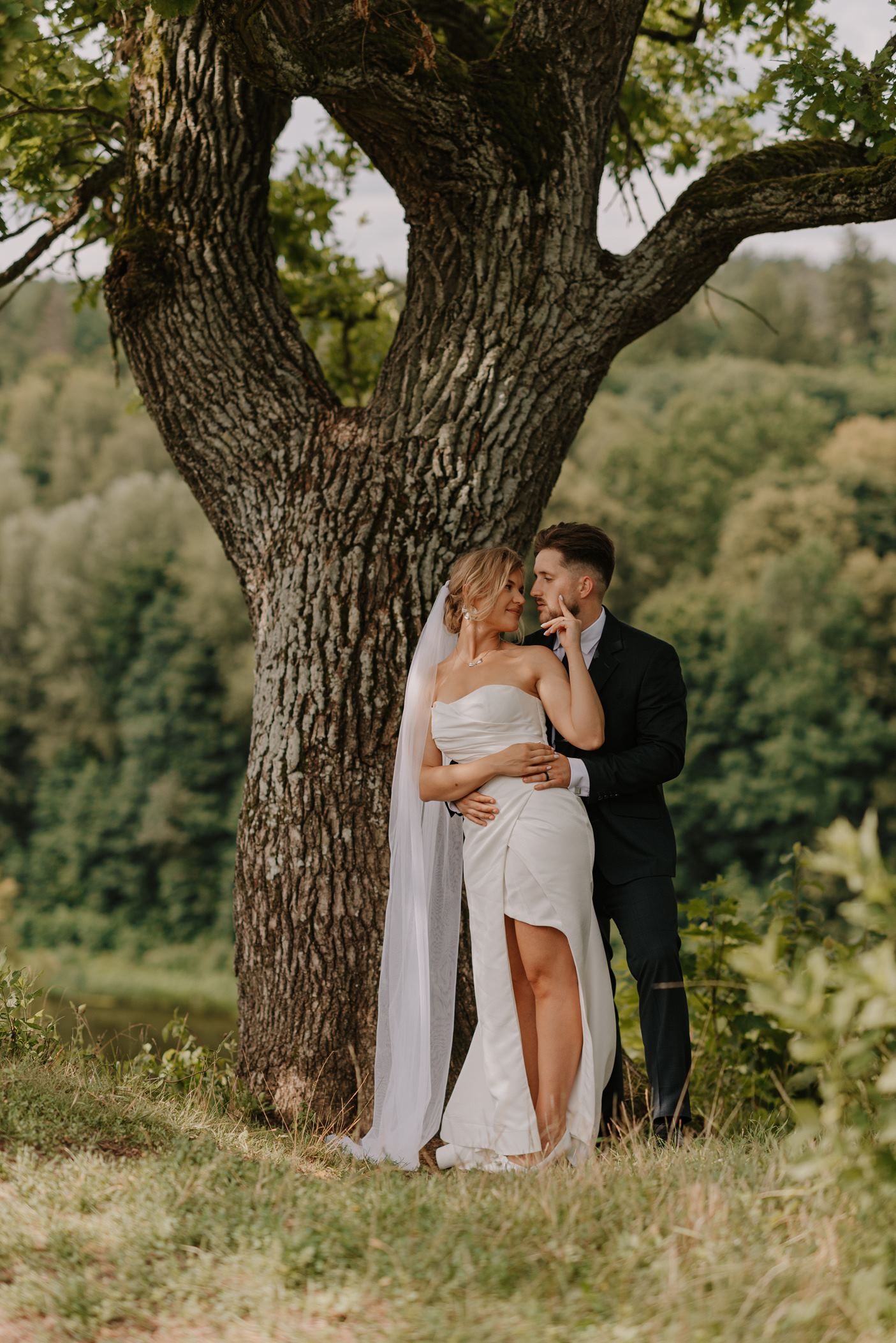 A romantic wedding moment captured under a large tree in a sunny meadow.