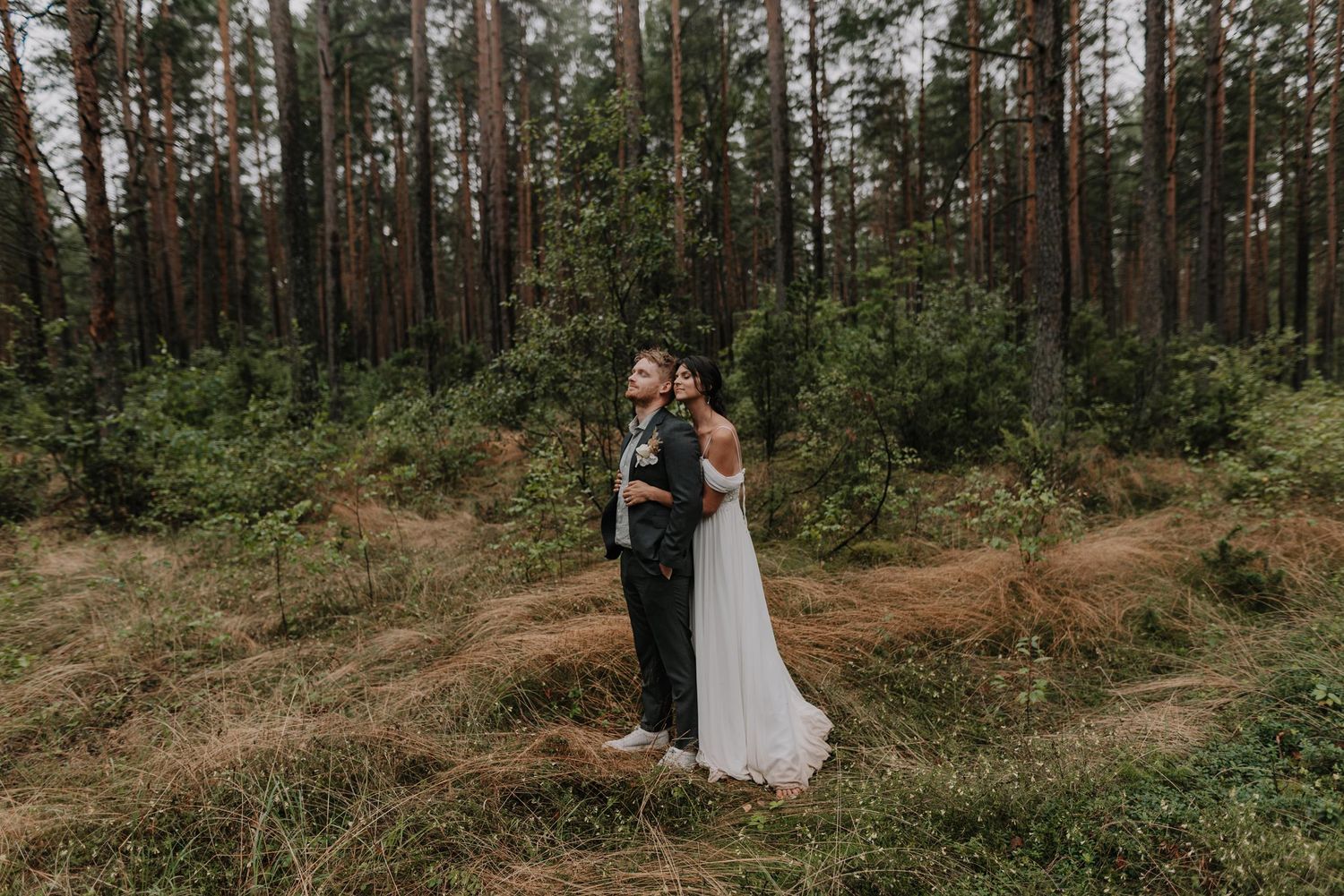 Pine forest wedding photoshoot location with natural afternoon lighting.