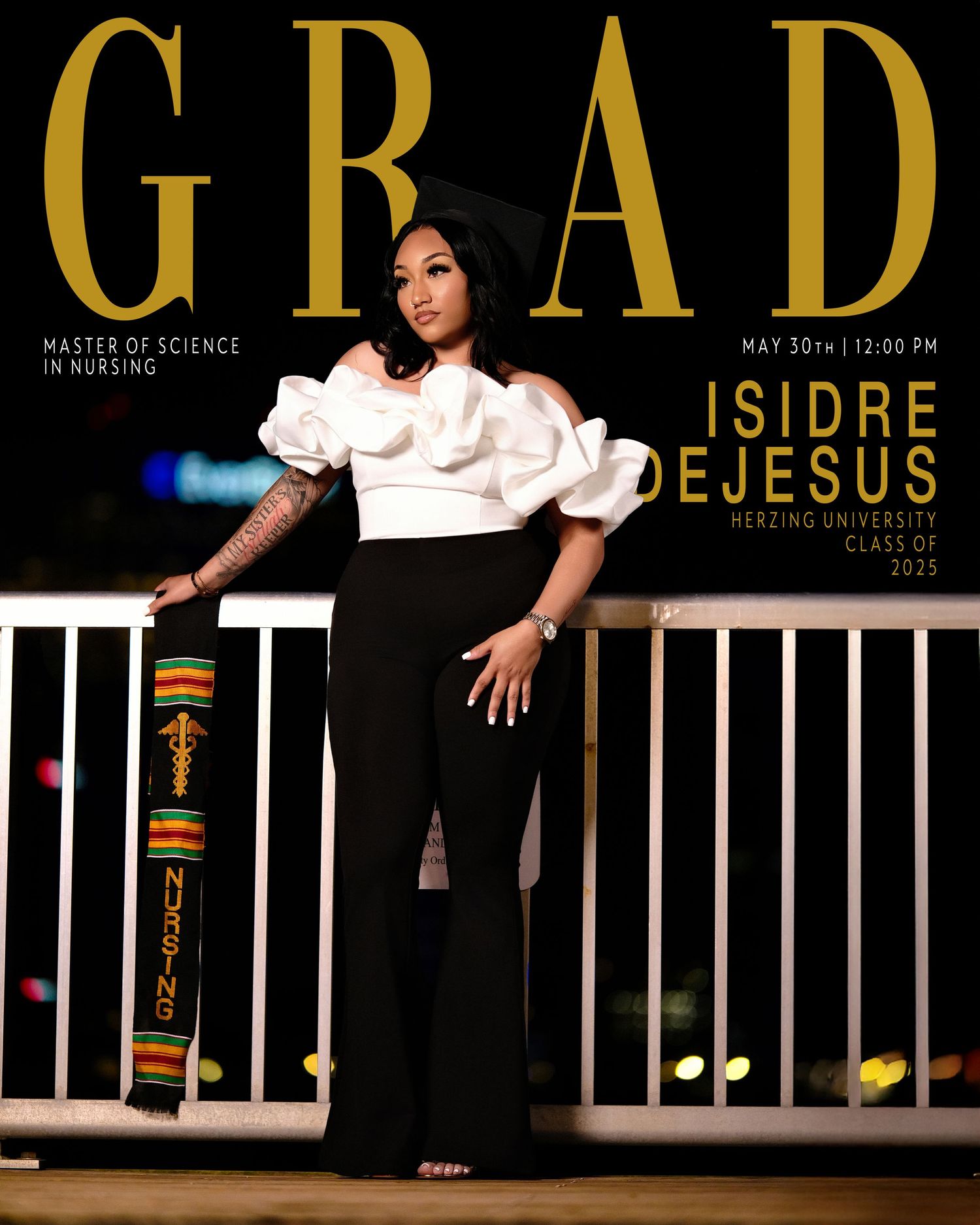A graduation announcement featuring someone in a white puffy-sleeved top and black pants posing against a railing at night.