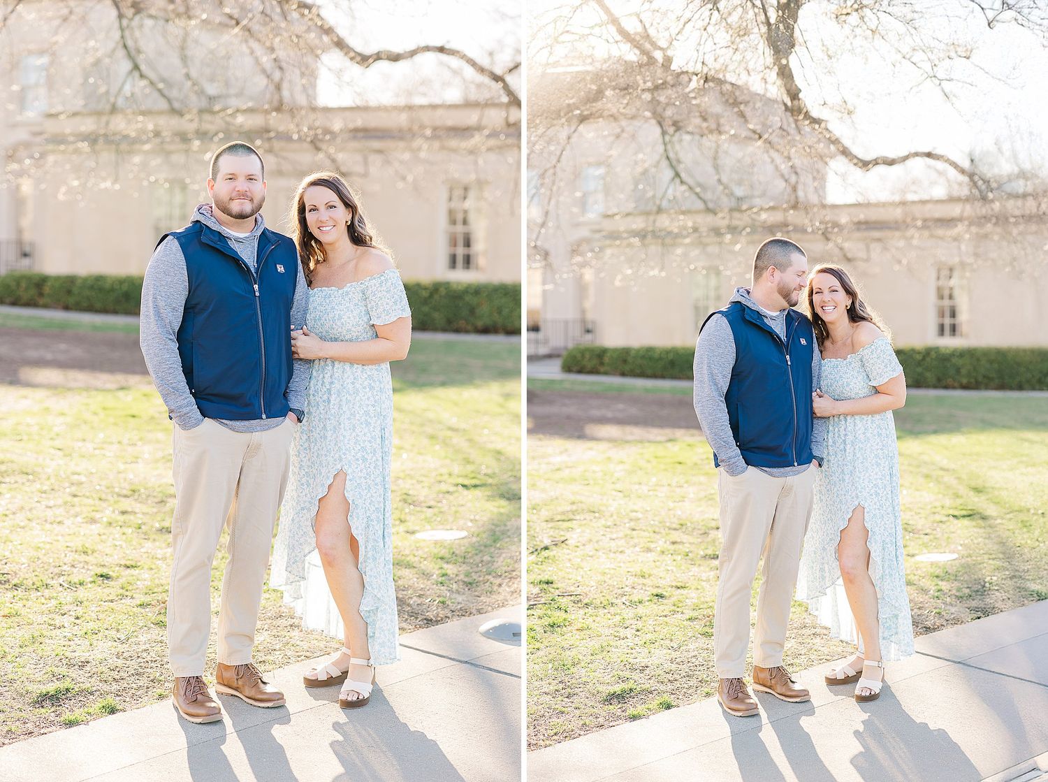 A couple poses together on a sunlit path wearing blue and white outfits in front of a beige building exterior.