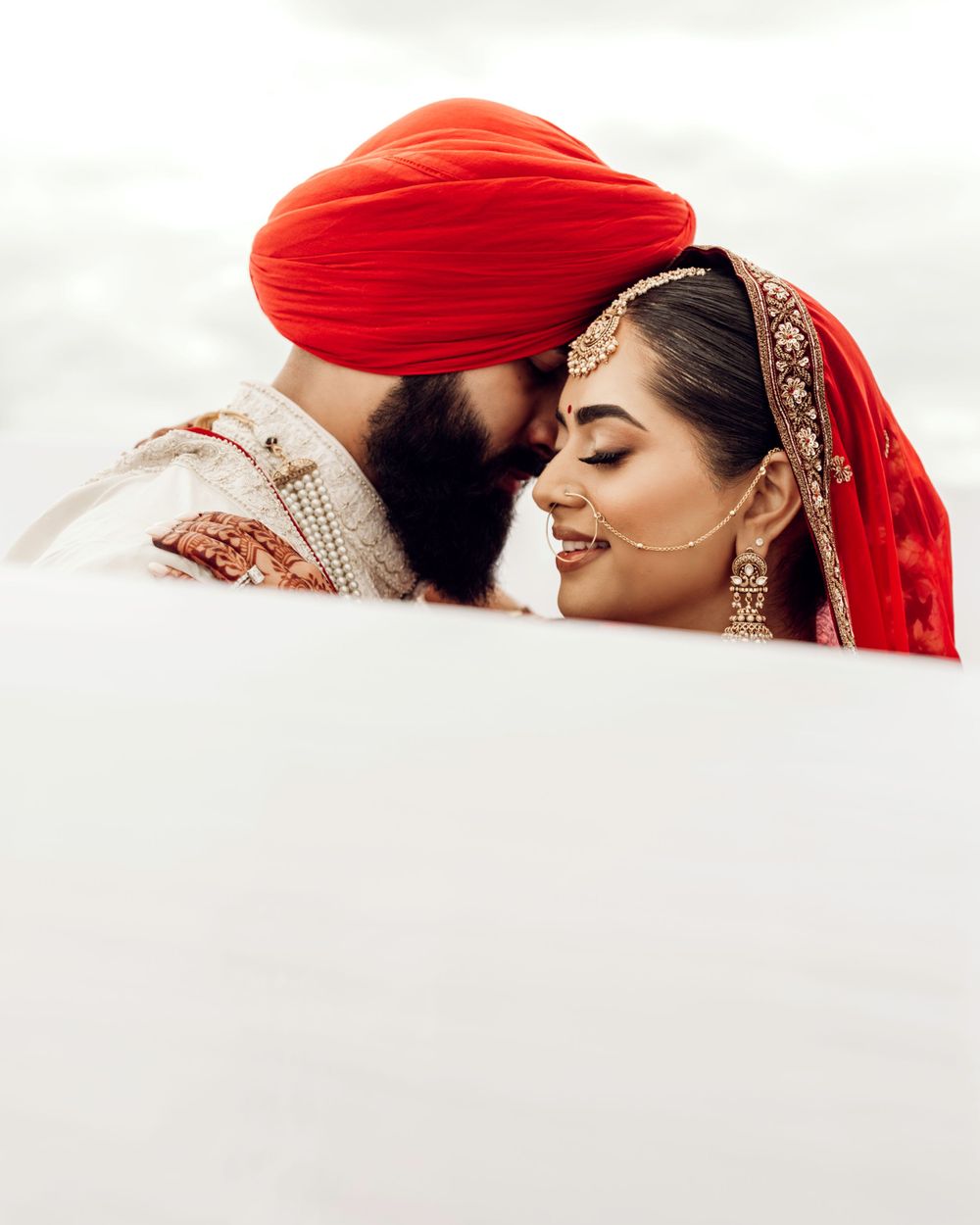 A close-up artistic portrait of a couple in traditional Sikh wedding attire with red and white colors.