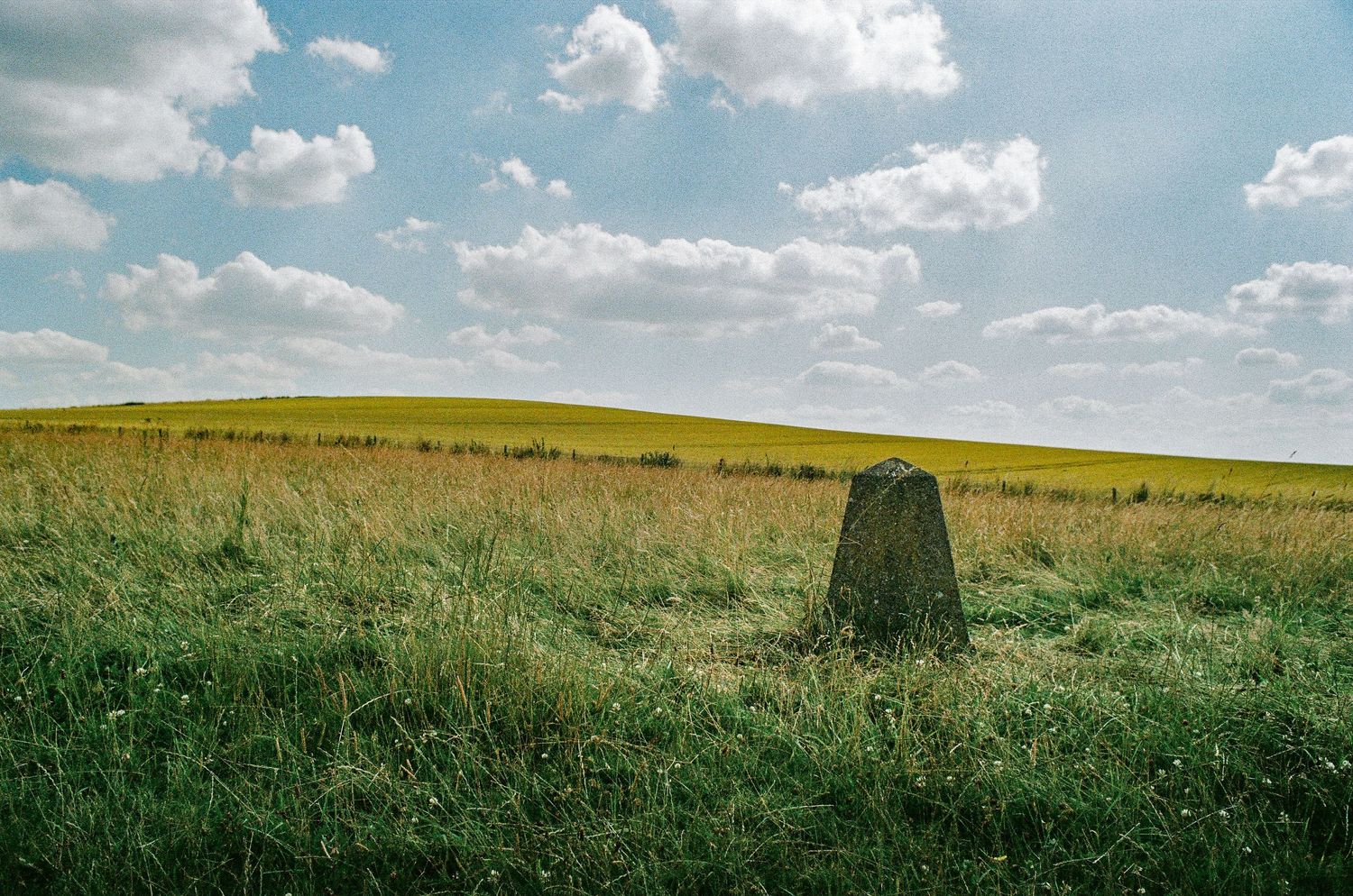Solitary standing stone in a grassy field under bright summer clouds.