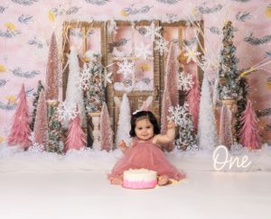 Baby during winter wonderland-themed cake smash in Glenview IL studio with snowflakes, pink trees, and festive decor for first birthday.