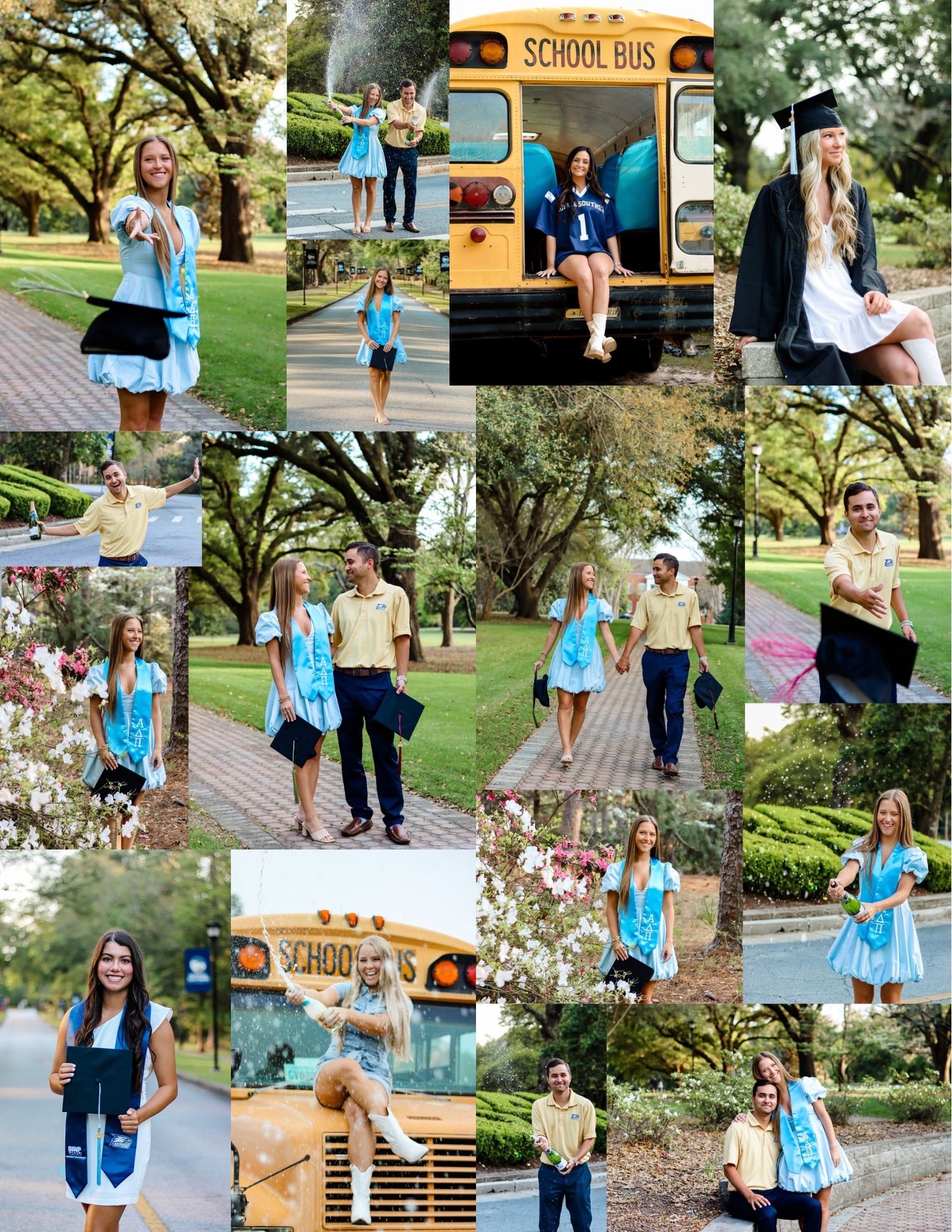 Collage of graduation photos featuring outdoor locations and school bus backdrop.