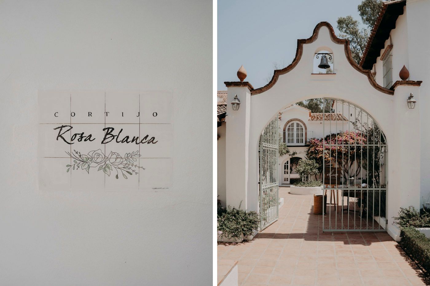 A view of an elegant Spanish-style archway entrance with wrought iron gates next to an elegant text logo on white wall.