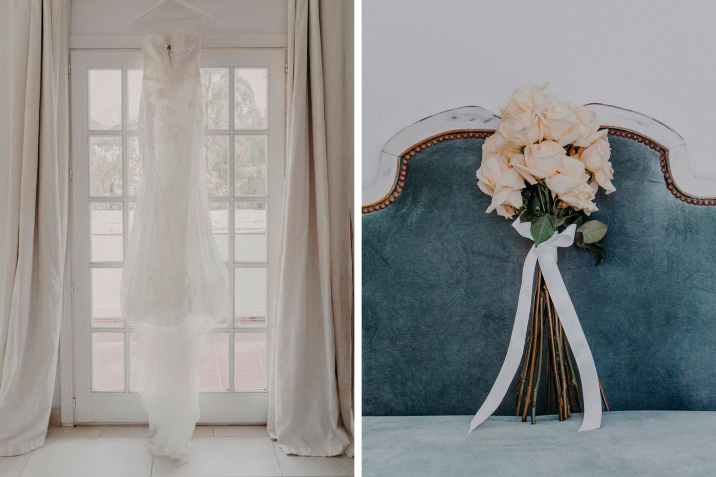 A white wedding dress hanging by a window and a bridal bouquet with peach flowers on a teal velvet headboard.