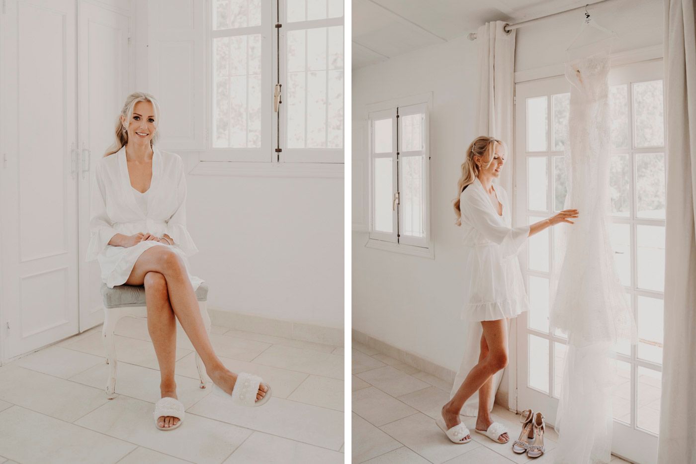 Woman in white dress sitting in bright minimalist room with large windows.