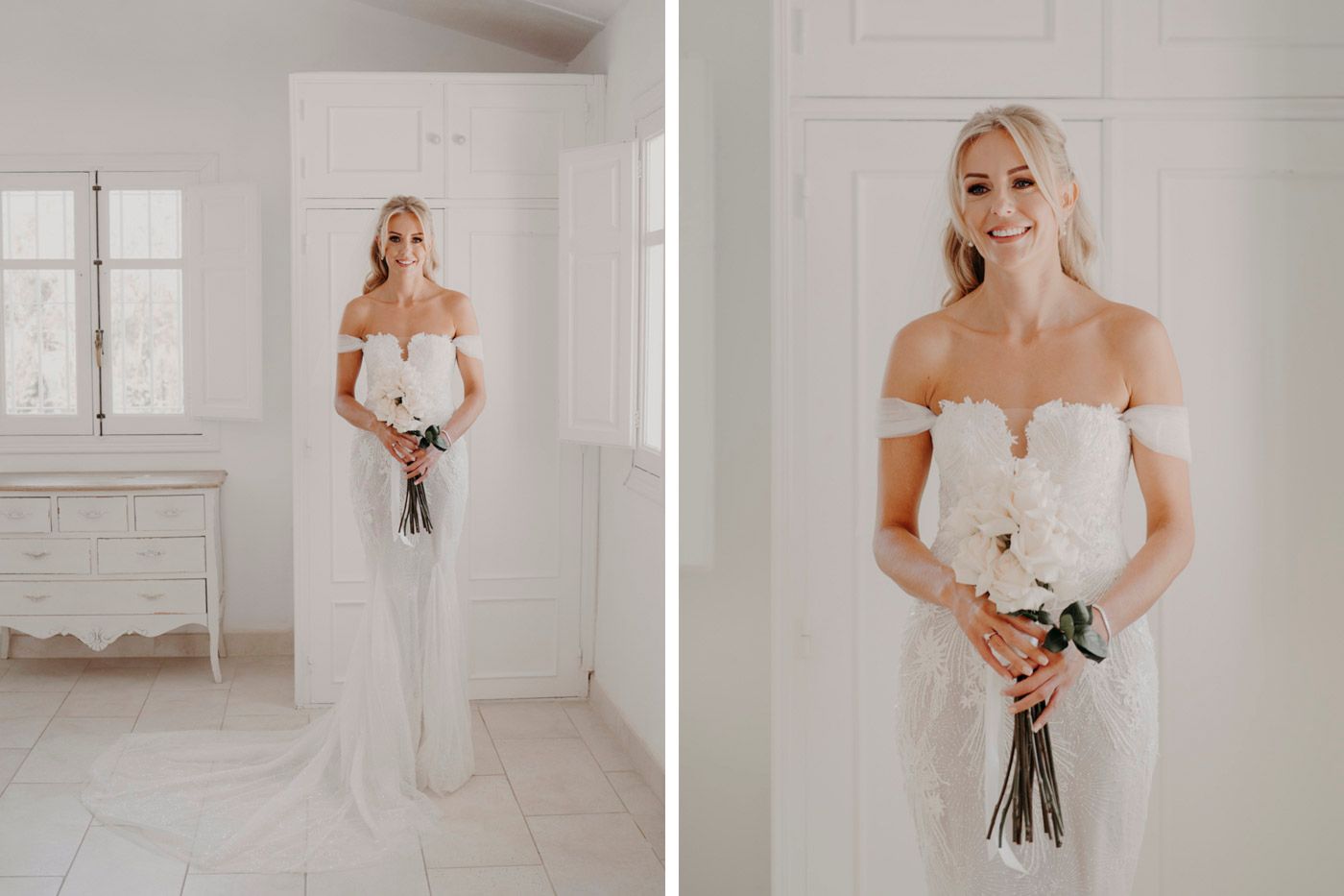 Elegant bridal portraits in a bright white room with classic white wedding dress and bouquet.