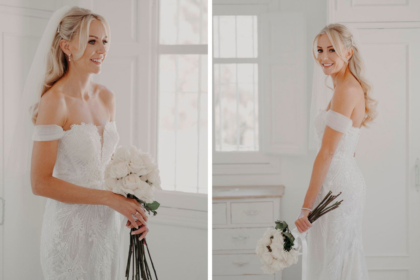 Elegant off-shoulder white wedding gown with lace details and classic bouquet shown in soft natural light.