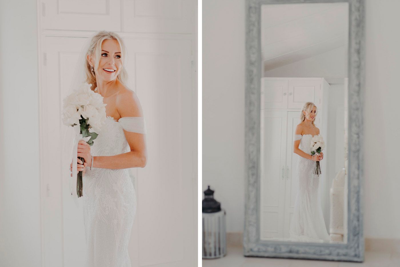 A white wedding dress is reflected in an ornate floor mirror beside a matching original photograph in a bright room.