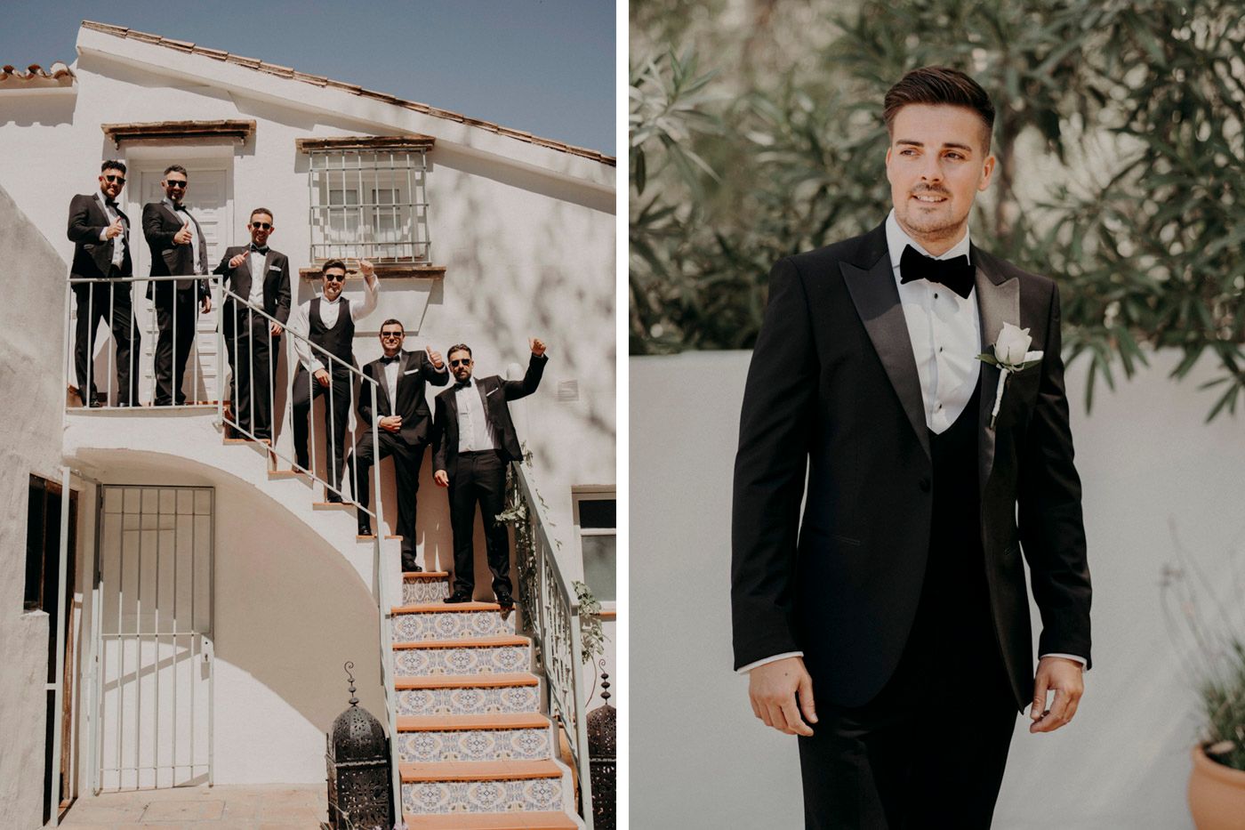 Wedding party in classic black tuxedos pose on white staircase at Mediterranean venue.