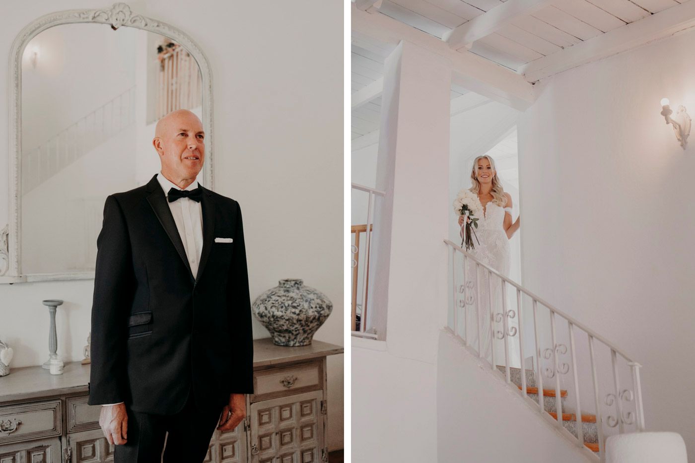 A beautiful first look moment captured in a bright white venue with a grand staircase and elegant decor.