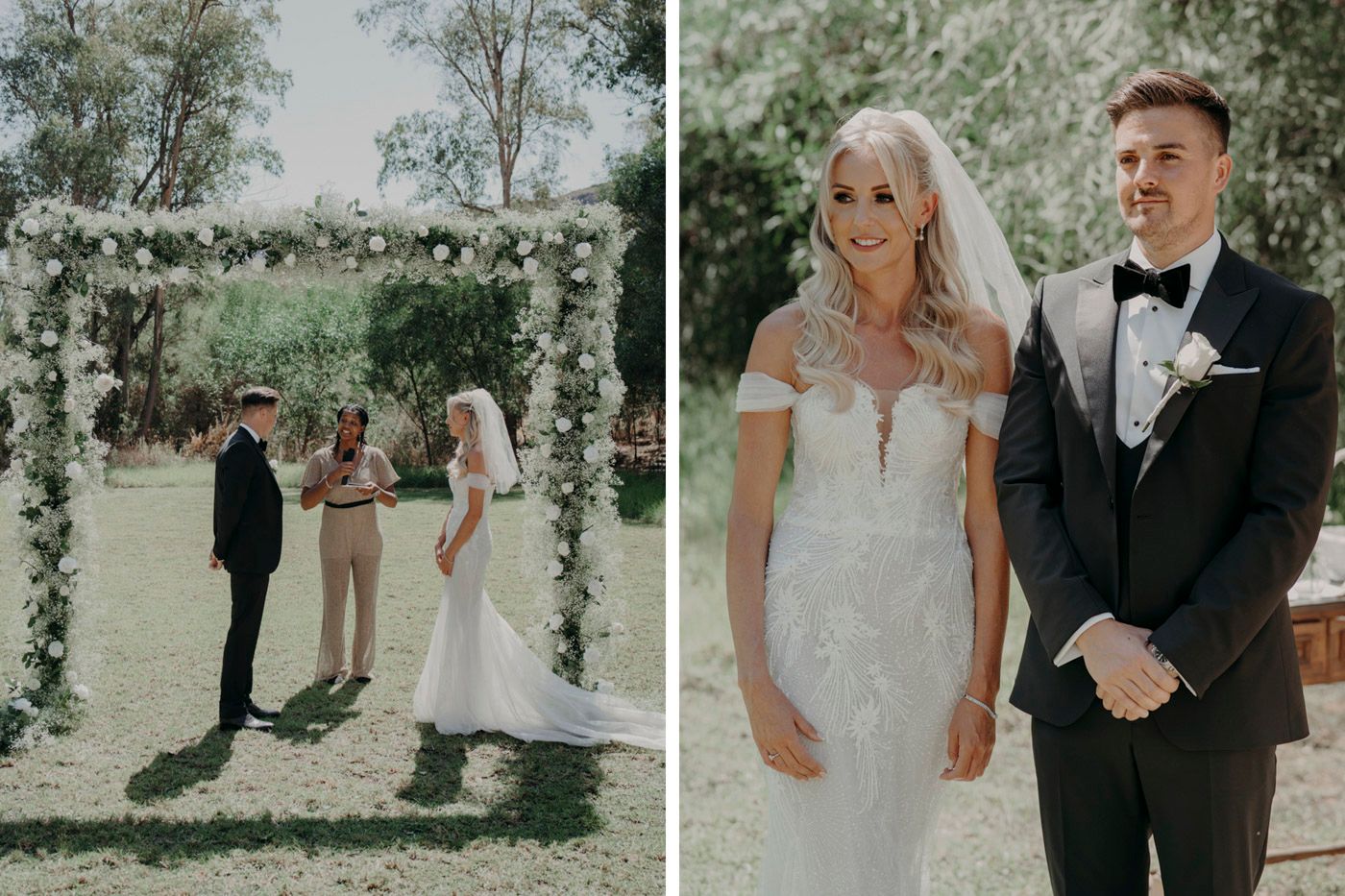 A romantic outdoor wedding ceremony under a floral arch with a couple in traditional formal wedding attire.