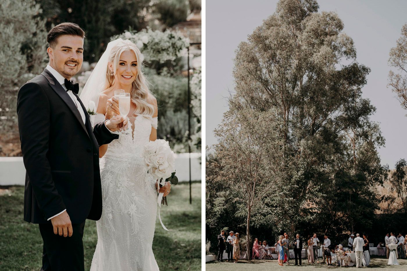 A scenic outdoor wedding ceremony taking place under tall trees with guests gathered to witness the special moment.
