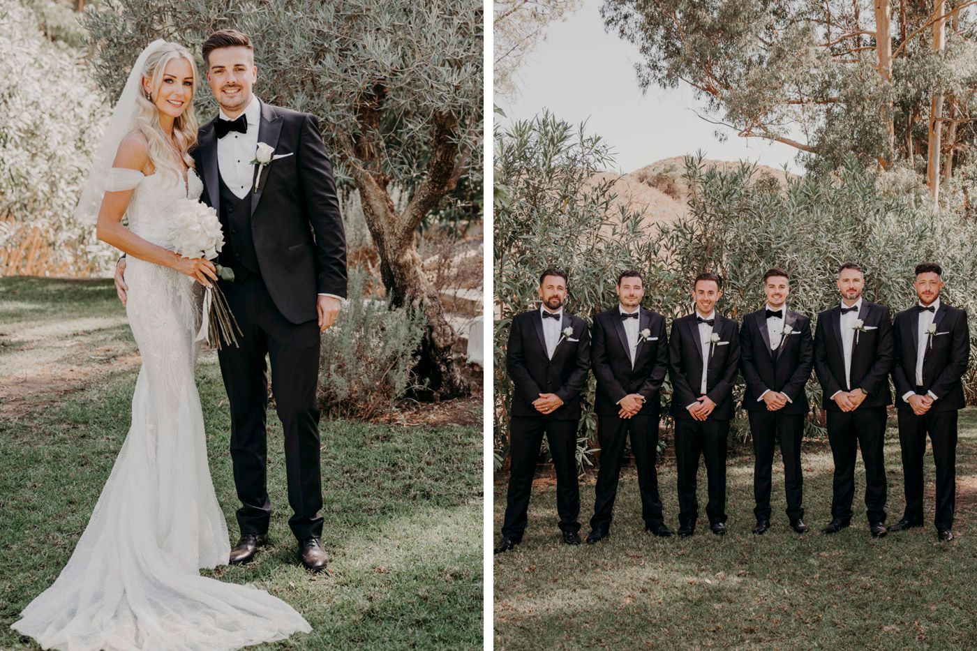 Elegant outdoor wedding photos showing bride and groom in formal attire and groomsmen lined up in black tuxedos.