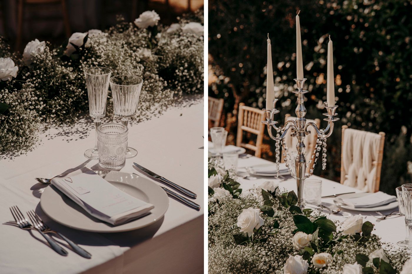 Elegant wedding table settings with tall candlesticks and delicate floral arrangements in a rustic outdoor setting.
