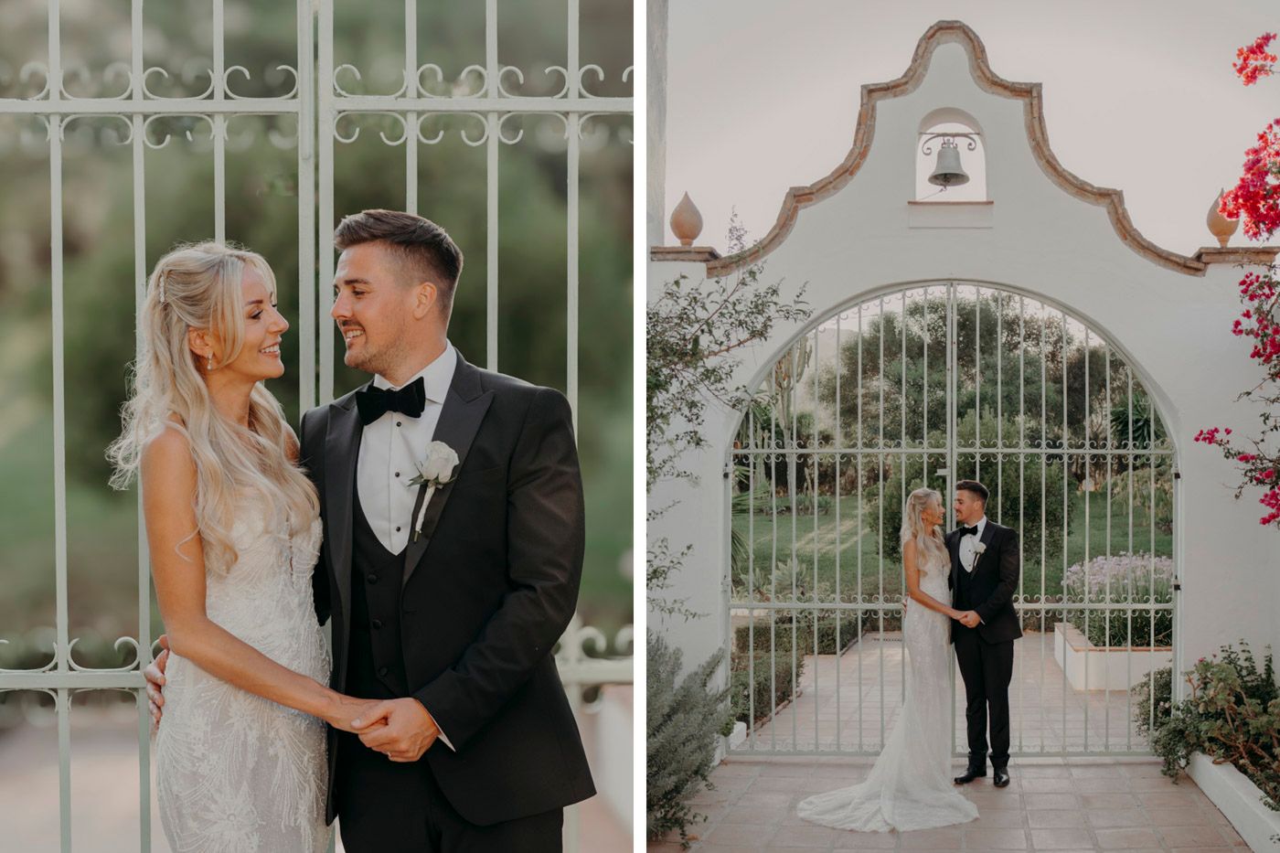 Elegant wedding photos captured outside a white decorative gate with red floral accents and vintage architecture.