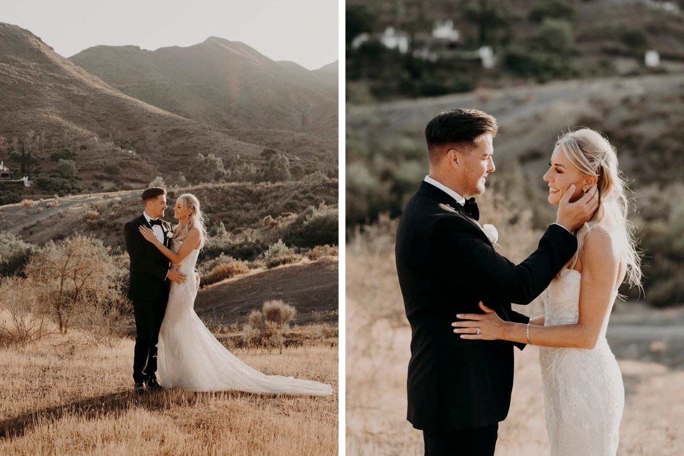 A romantic wedding couple embraces against a scenic mountainous backdrop during golden hour.