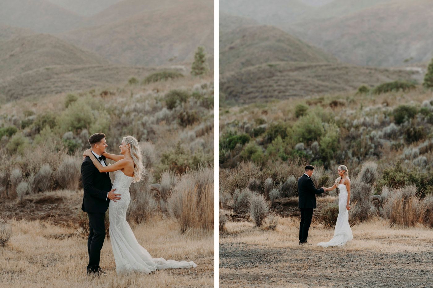 Two people embrace in an elegant ceremony against a backdrop of rolling desert hills and sage brush.