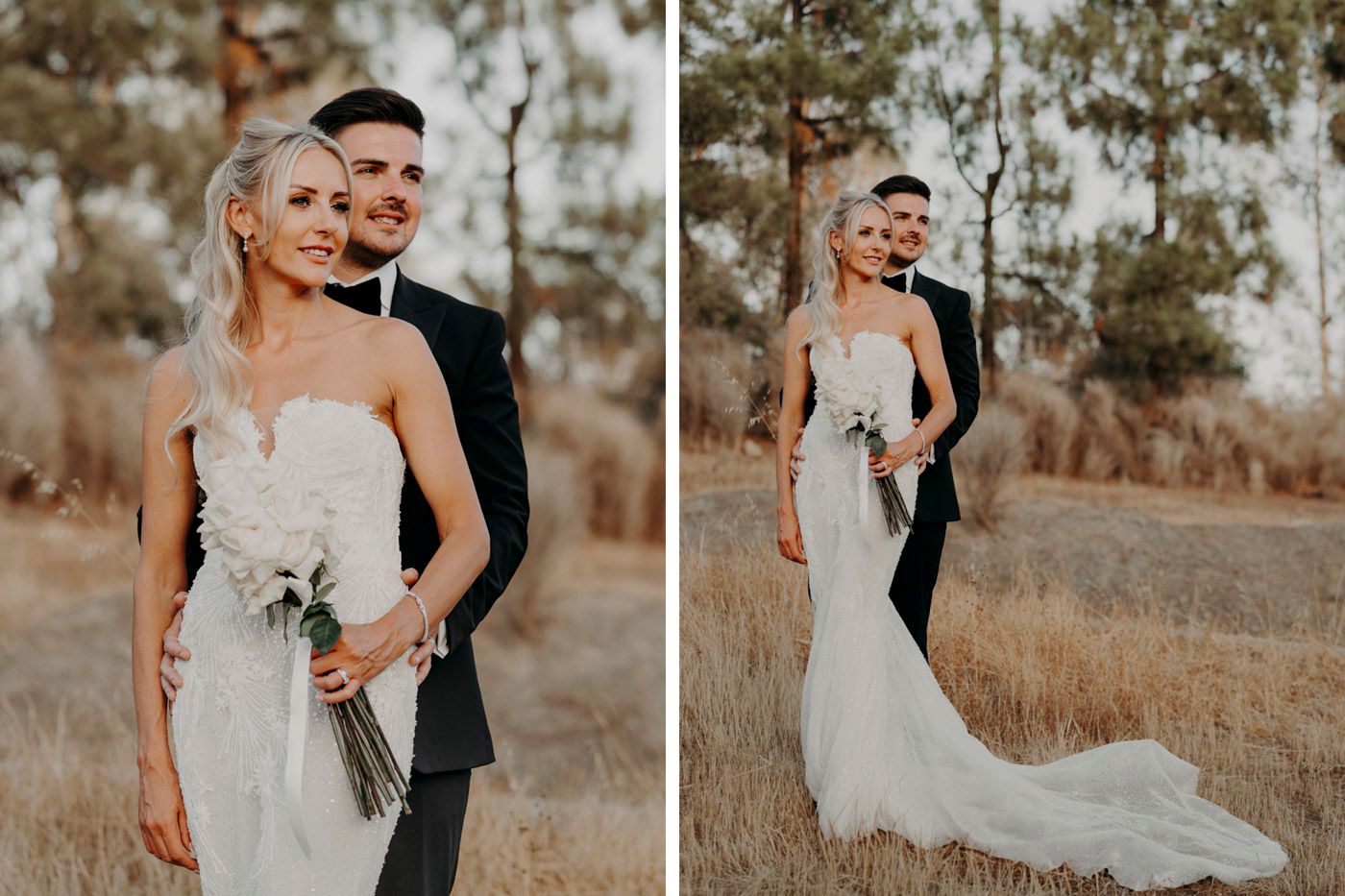 Wedding couple poses in outdoor rustic setting with bride in strapless white gown and groom in dark suit.