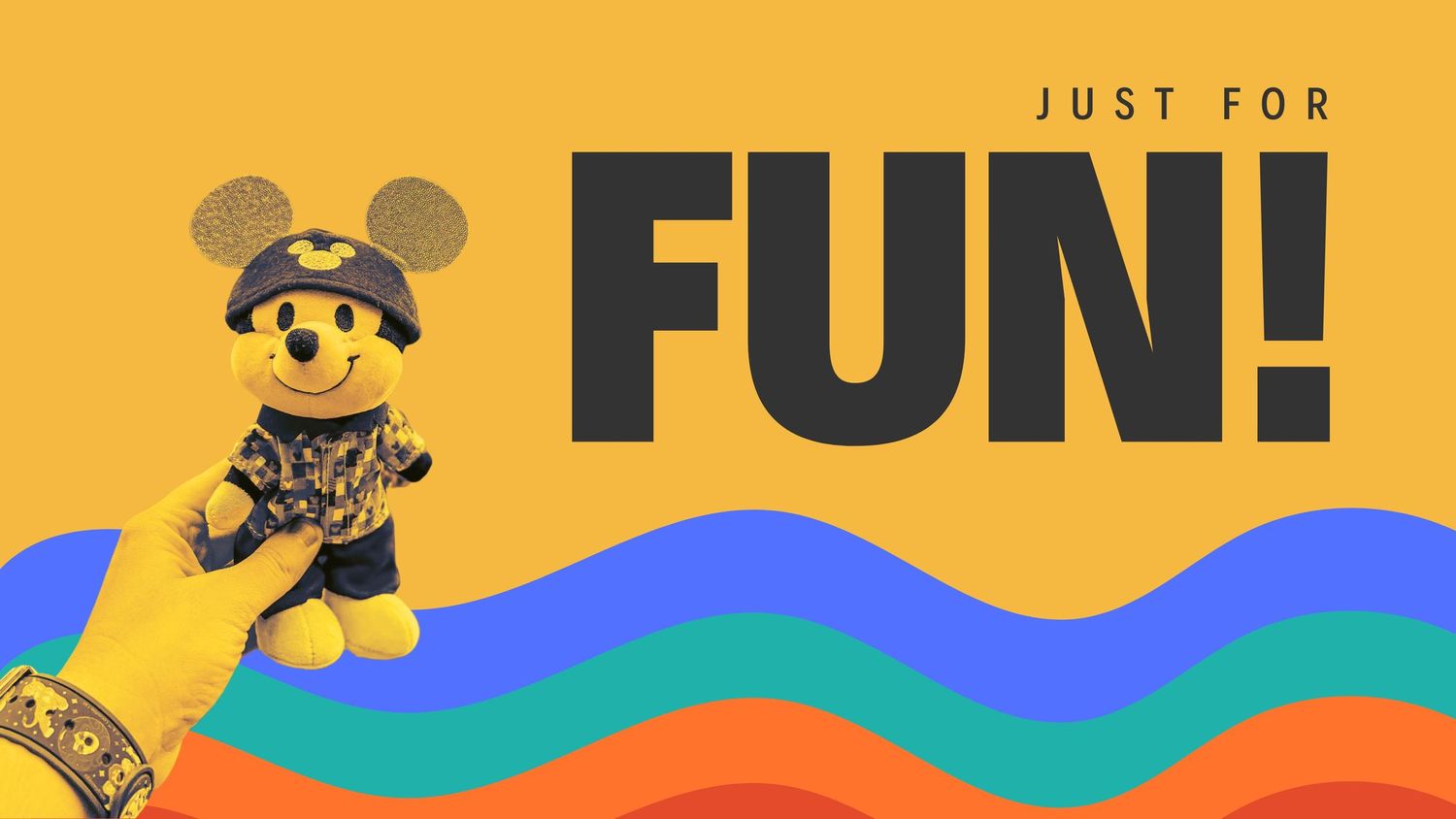 A colorful banner design with Mickey Mouse ears and fun text elements in yellow and blue gradient background.