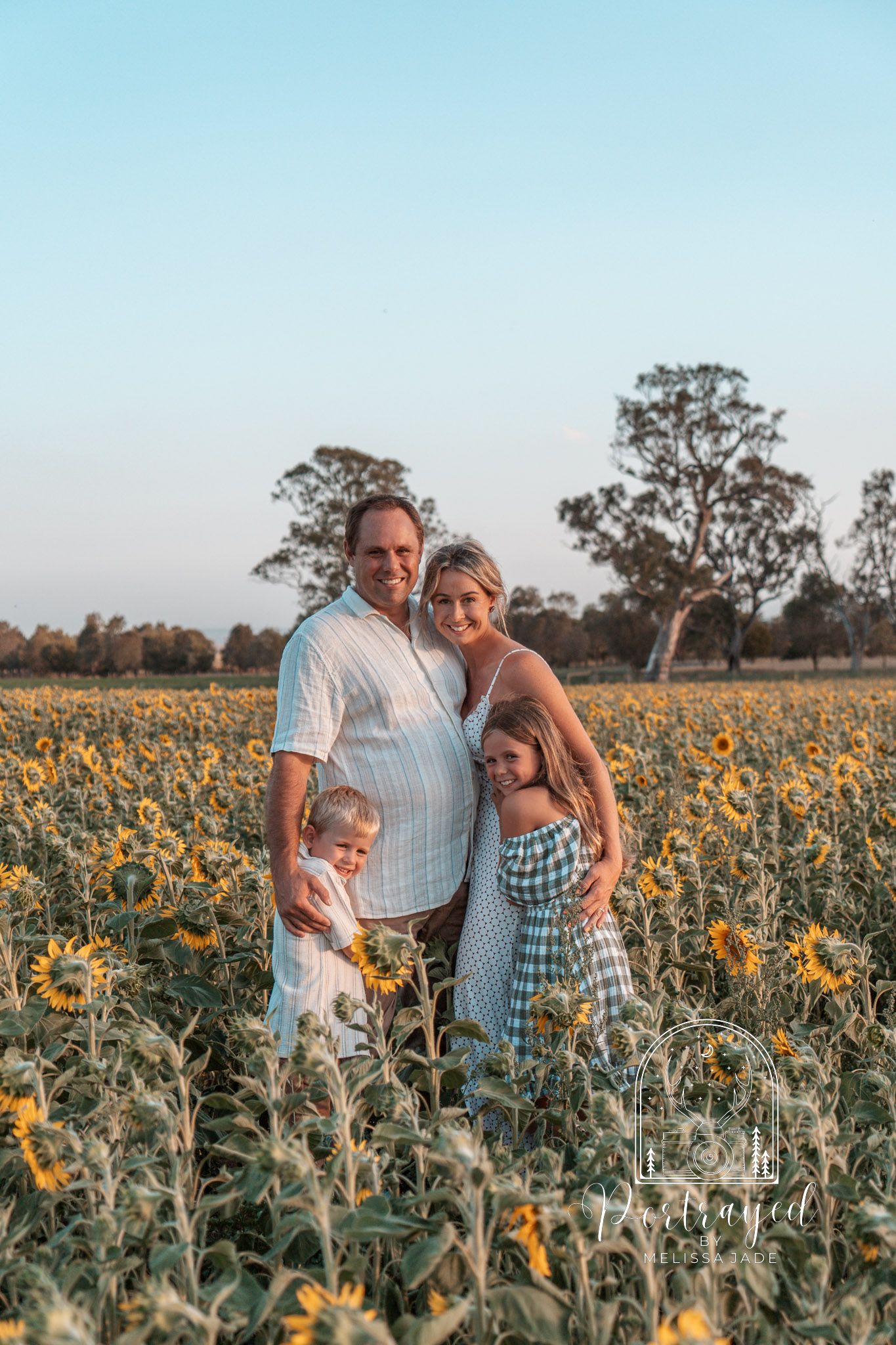 Family of four posing together in a blooming sunflower field at golden hour.