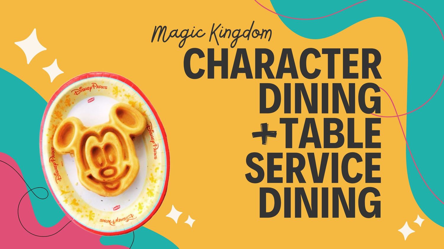 Colorful gradient banners showing text and icons related to Disney character dining and restaurant table services.