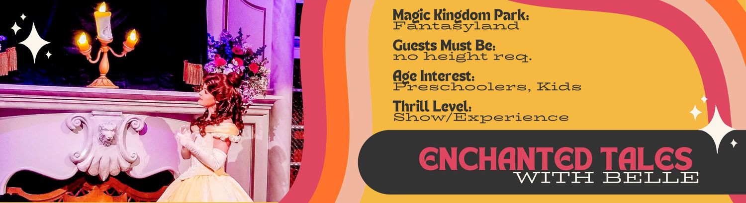 Colorful retro-style theatrical poster for Enchanted Tales featuring pink and orange curved design elements.