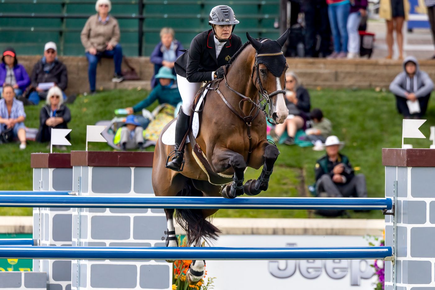 A person riding a horse jumps over a barrier in an equestrian competition.