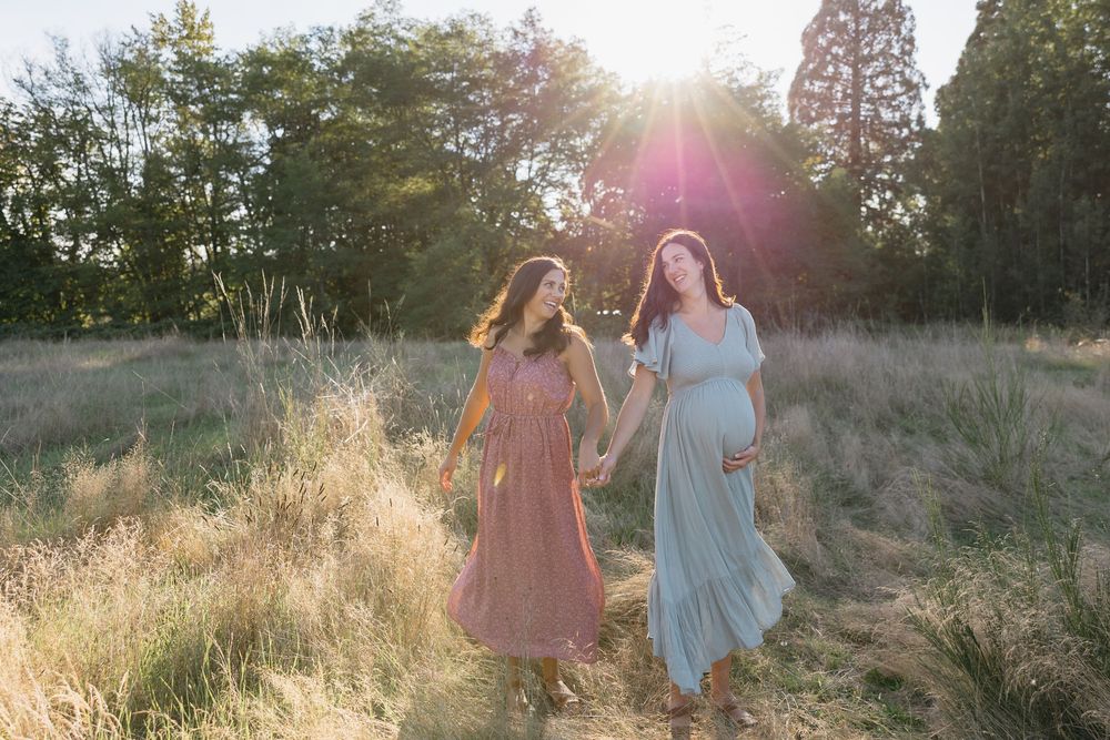 Two people walk through a sun-drenched meadow at sunset with tall golden grasses and trees in the background.