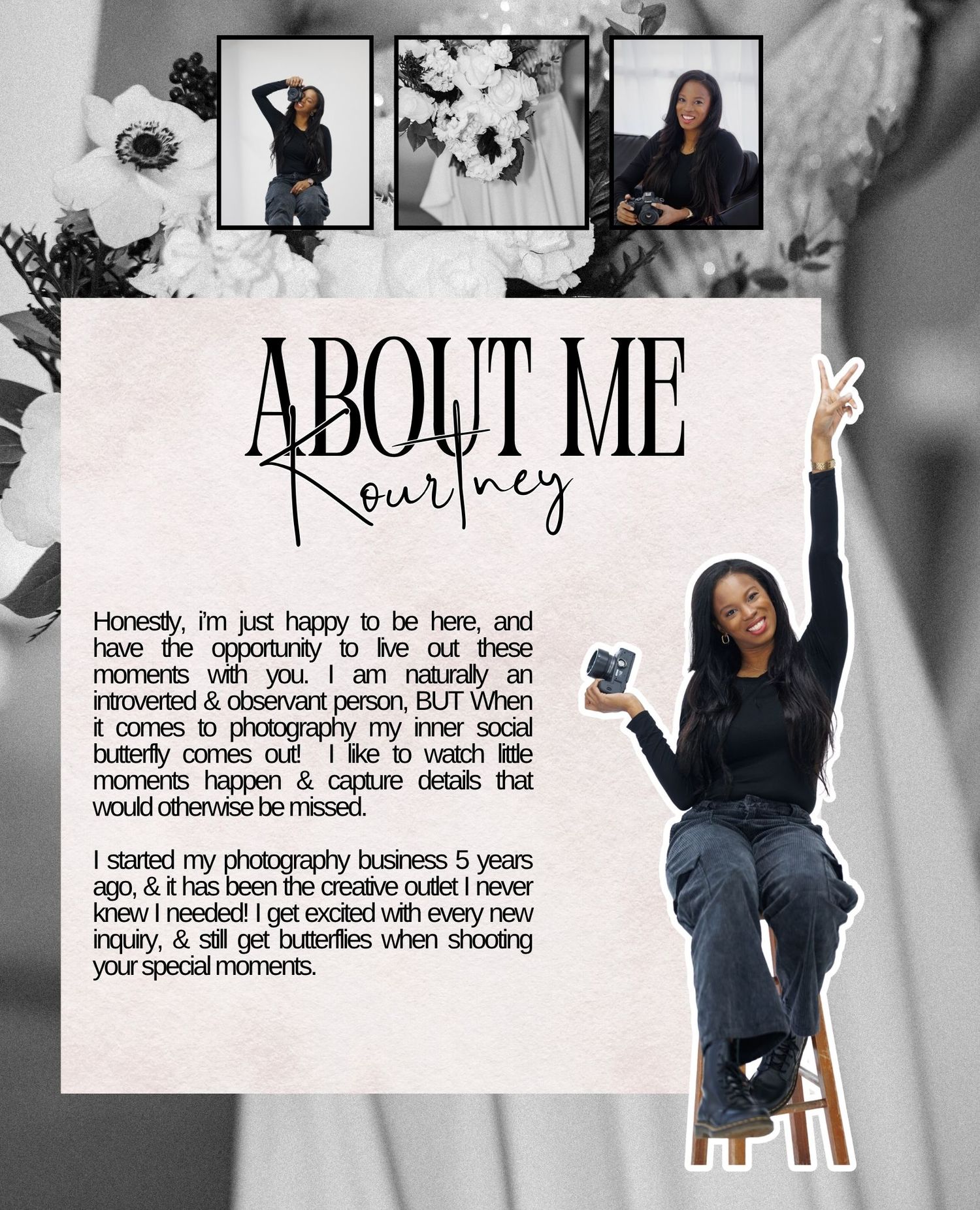 A modern about me page design with photography icons and decorative elements in black and white tones.
