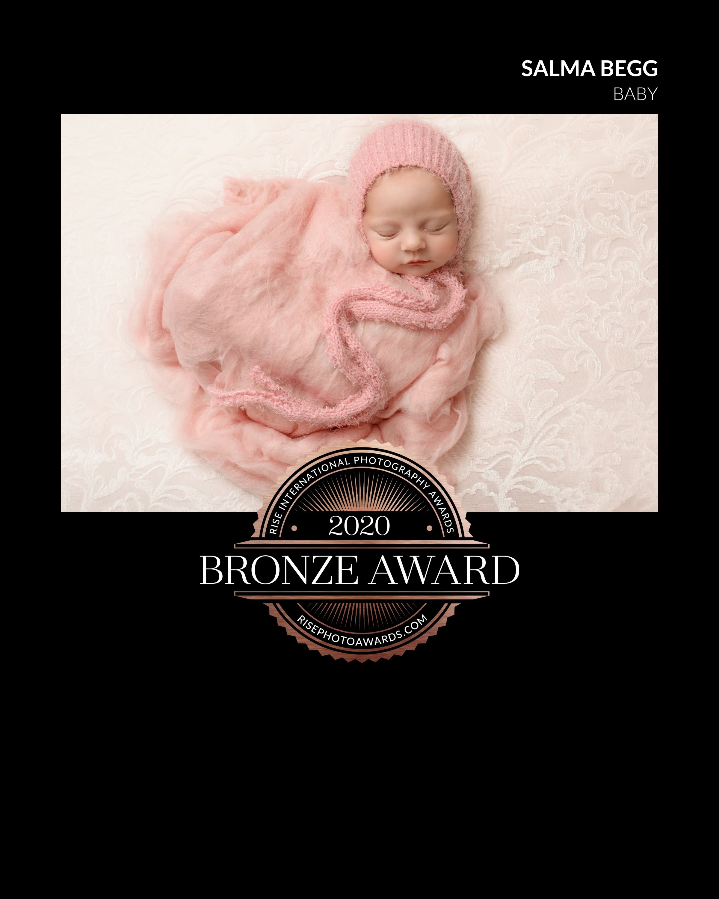 A series of newborn baby photography awards featuring soft pink and bronze toned artistic portraits on a black background. Buttons & Bows Ph