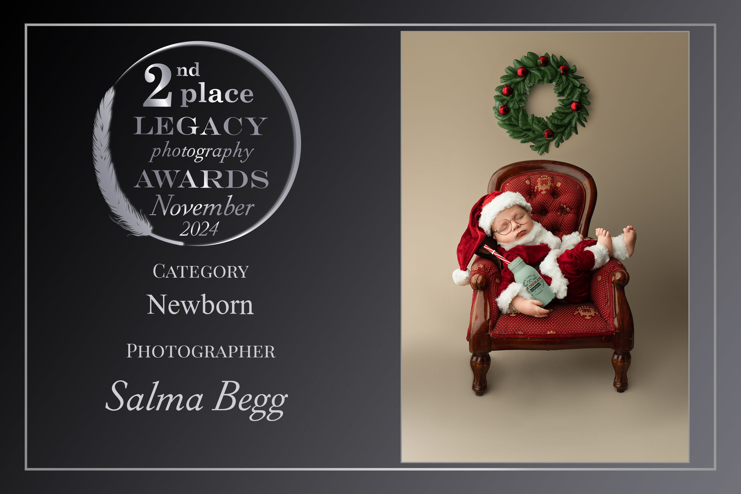 Artistic newborn photography collage featuring Christmas-themed props including a red velvet chair and festive wreath. springfeld lakes, ip