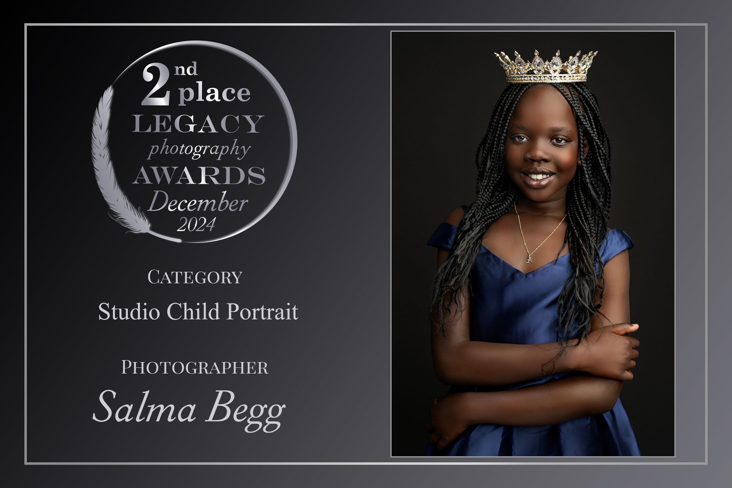 Award-winning professional photography display board showcasing studio portraits and accolades against a dark background. south sudanese bea