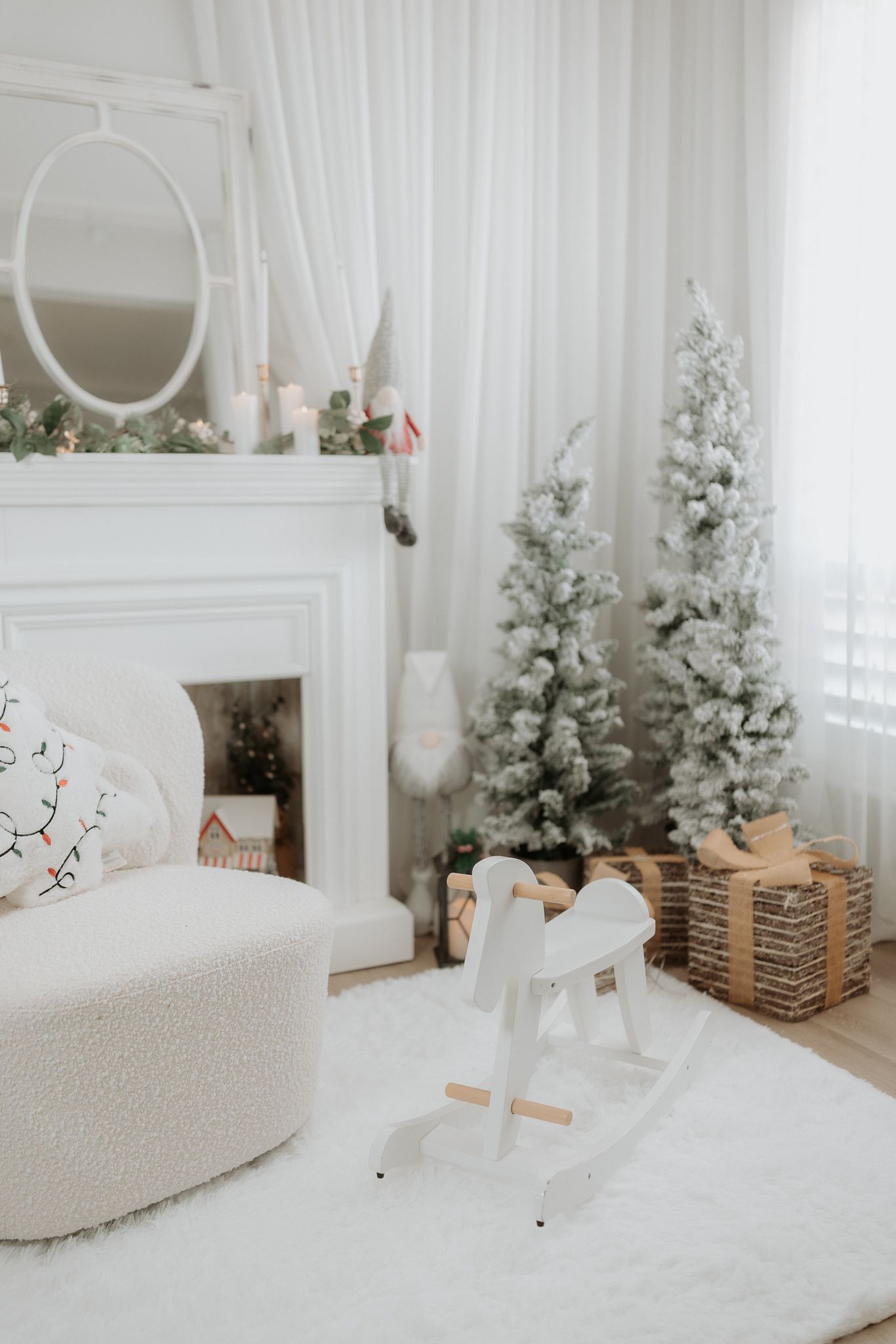 Collage of holiday photos showing festive reindeer headband decorations and cozy winter moments on a white and green chair.