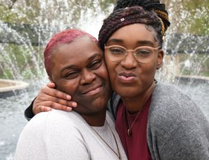 Two friends sharing intimate moments and laughter in a series of candid outdoor portraits.