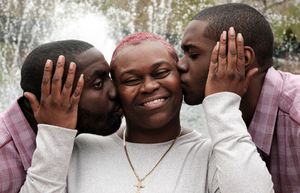 Joyful close friends embracing and showing affection in a series of outdoor photos.