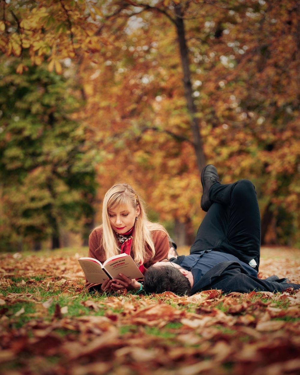 Someone reads a book while laying on colorful autumn leaves in a park setting.