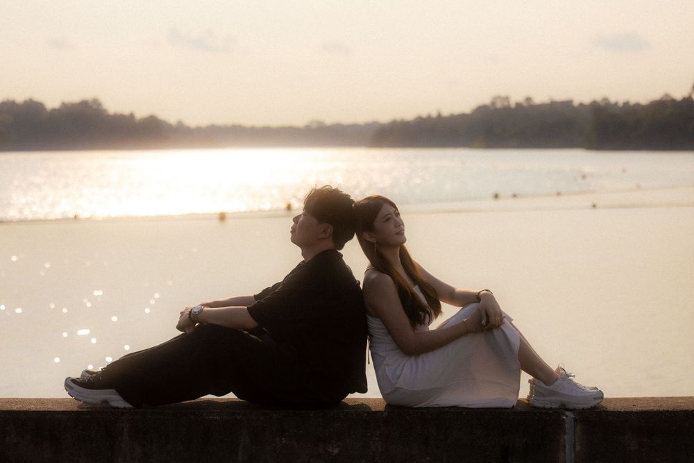 Romantic montage of sunset silhouettes by the water's edge during golden hour.