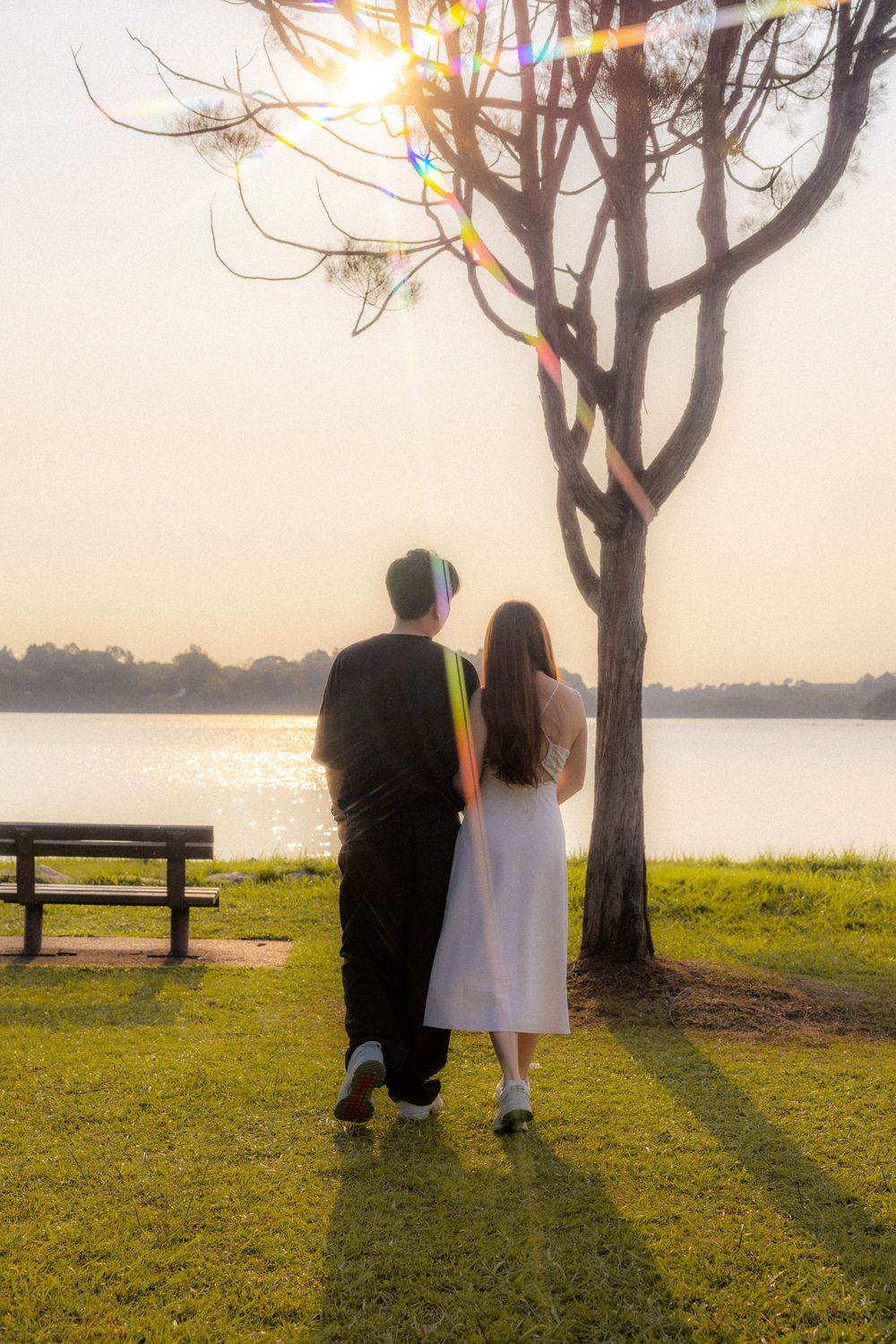 A couple watches the sunset together while standing near a tree and bench by the lake.
