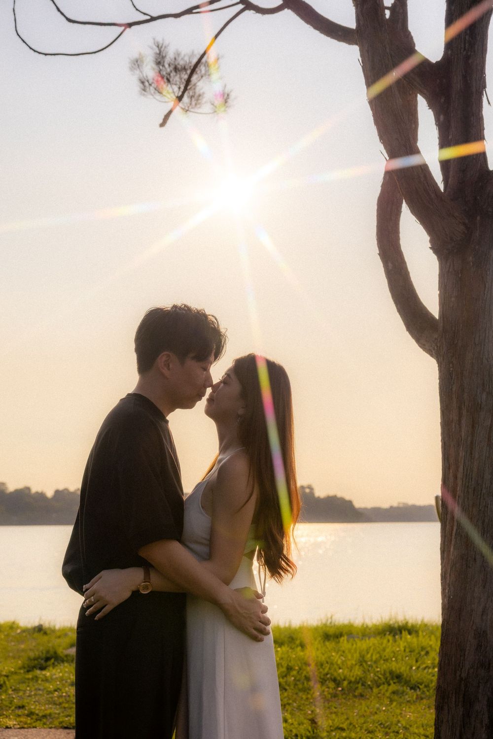 A romantic couple sharing intimate moments under trees at sunset by a waterfront.