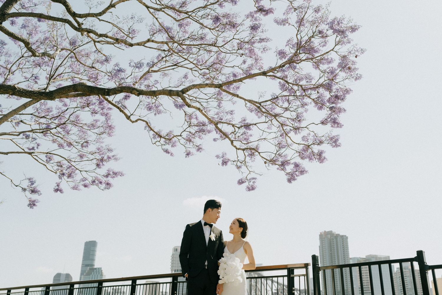 Beautiful wedding at Howard Smith Wharves with Jacaranda trees, captured by a Brisbane wedding photographer.