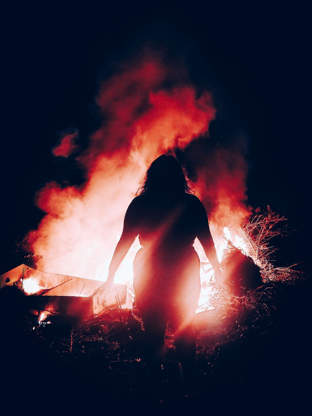 silhouette, outdoors, fire