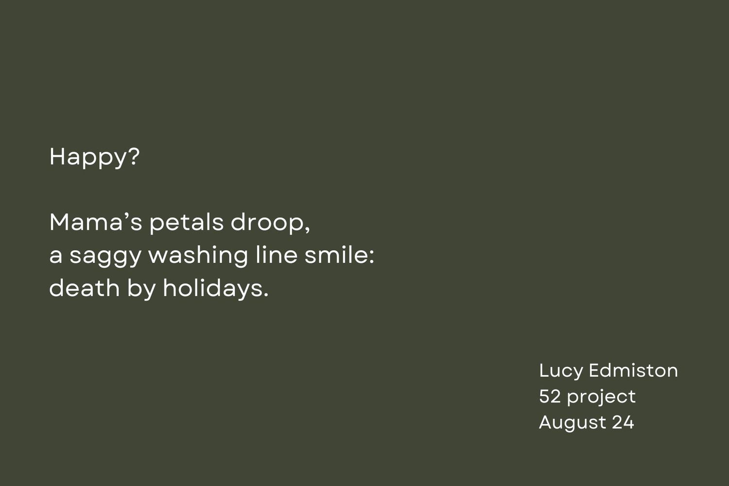 Text poetry about happiness and drooping petals displayed on a dark green background.