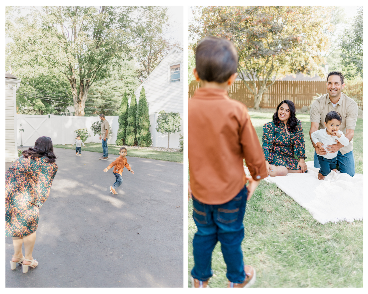 Family dressed in burnt orange, cream, oatmeal and white during Hudson valley fall family photo session