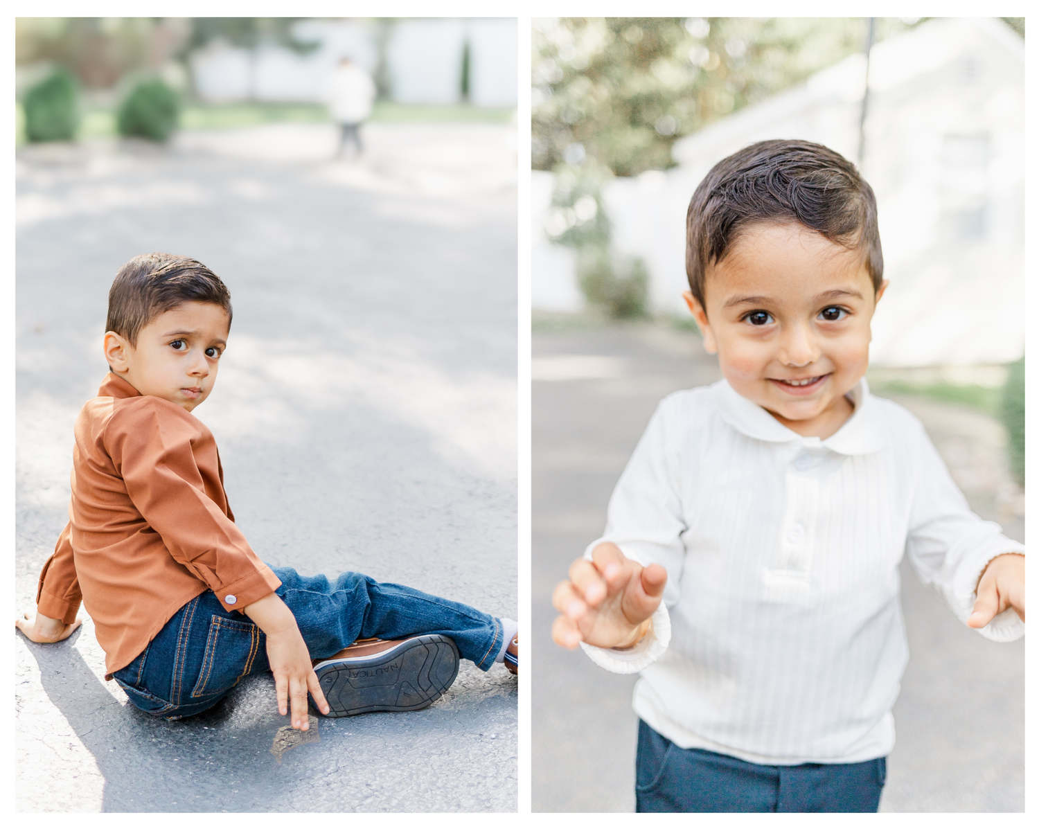 Brothers smiling, one in brunt orange the other in white during Hudson valley family photo session