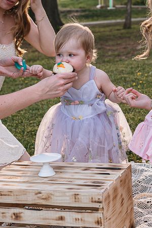A toddler in a purple tulle dress enjoys a cupcake while standing at a rustic wooden table outdoors.